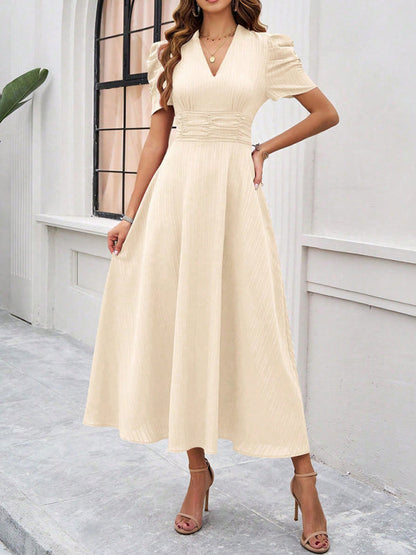 Cocktail Dresses- Women Elegant V-Neck Midi Dress with Puff Sleeves- Cracker khaki- IndioGear.com