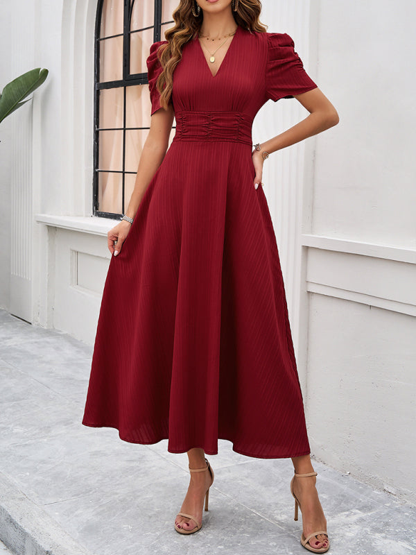 Cocktail Dresses- Women Elegant V-Neck Midi Dress with Puff Sleeves- - IndioGear.com