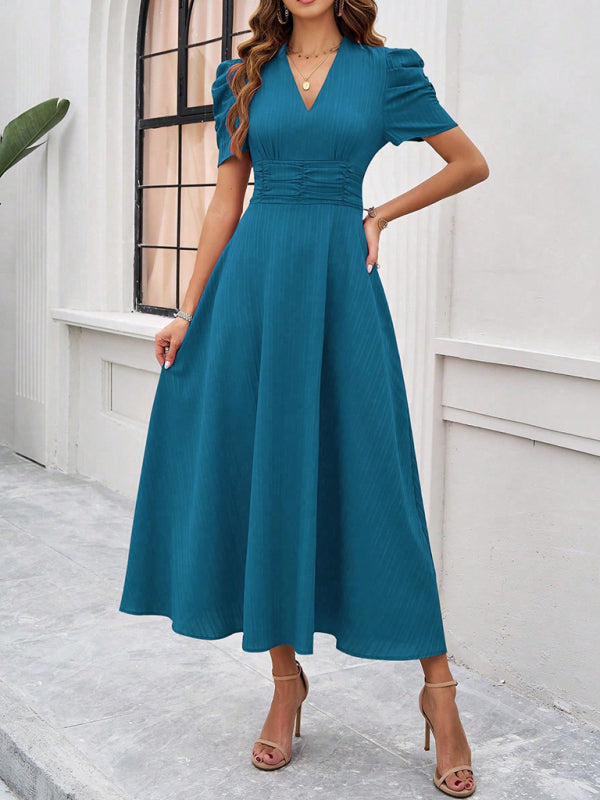 Cocktail Dresses- Women Elegant V-Neck Midi Dress with Puff Sleeves- - IndioGear.com