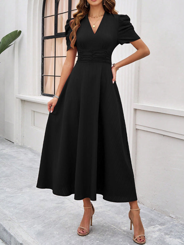 Cocktail Dresses- Women Elegant V-Neck Midi Dress with Puff Sleeves- - IndioGear.com