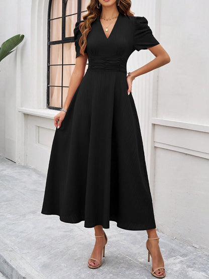 Cocktail Dresses- Women Elegant V-Neck Midi Dress with Puff Sleeves- - IndioGear.com