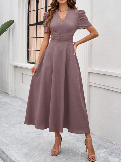 Cocktail Dresses- Women Elegant V-Neck Midi Dress with Puff Sleeves- Brown- IndioGear.com