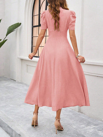 Cocktail Dresses- Women Elegant V-Neck Midi Dress with Puff Sleeves- - IndioGear.com