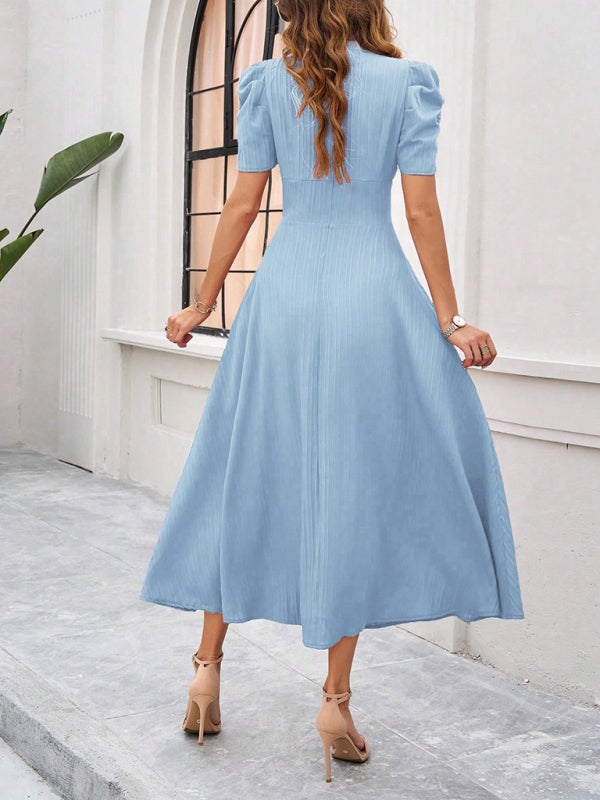 Cocktail Dresses- Women Elegant V-Neck Midi Dress with Puff Sleeves- - IndioGear.com