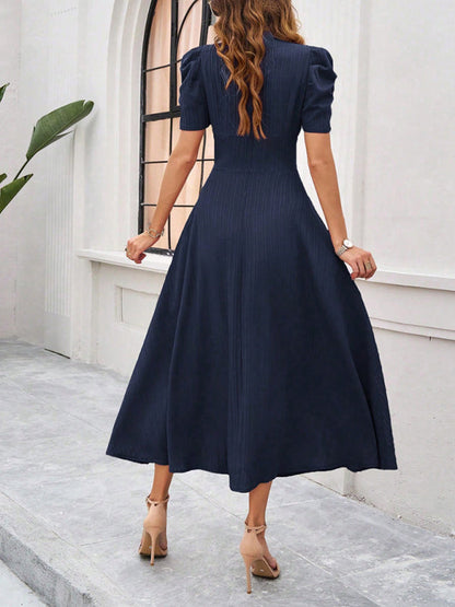 Cocktail Dresses- Women Elegant V-Neck Midi Dress with Puff Sleeves- - IndioGear.com