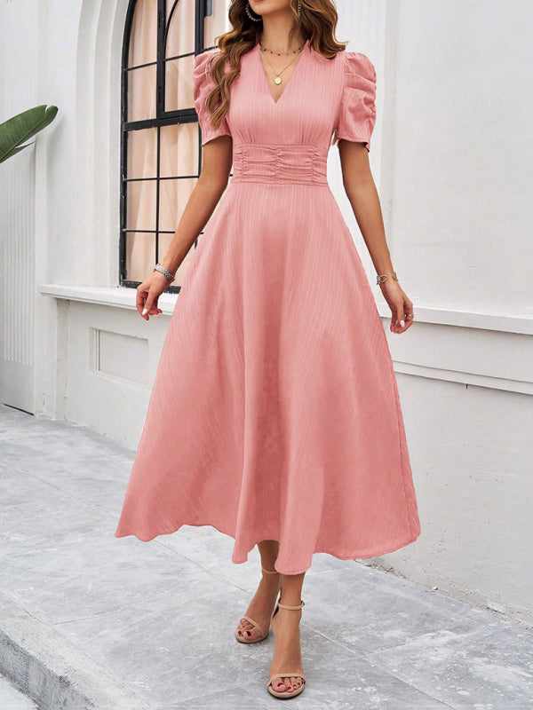 Cocktail Dresses- Women Elegant V-Neck Midi Dress with Puff Sleeves- Pink- IndioGear.com