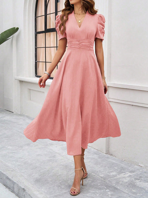 Cocktail Dresses- Women Elegant V-Neck Midi Dress with Puff Sleeves- - IndioGear.com