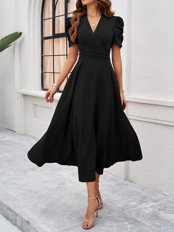 Cocktail Dresses- Women Elegant V-Neck Midi Dress with Puff Sleeves- - IndioGear.com