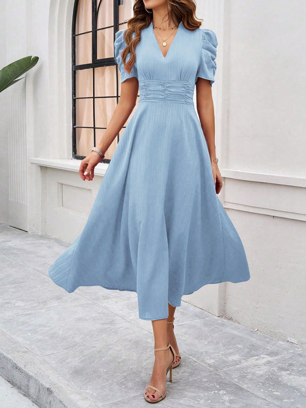 Cocktail Dresses- Women Elegant V-Neck Midi Dress with Puff Sleeves- - IndioGear.com