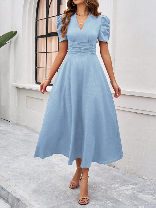 Cocktail Dresses- Women Elegant V-Neck Midi Dress with Puff Sleeves- - IndioGear.com