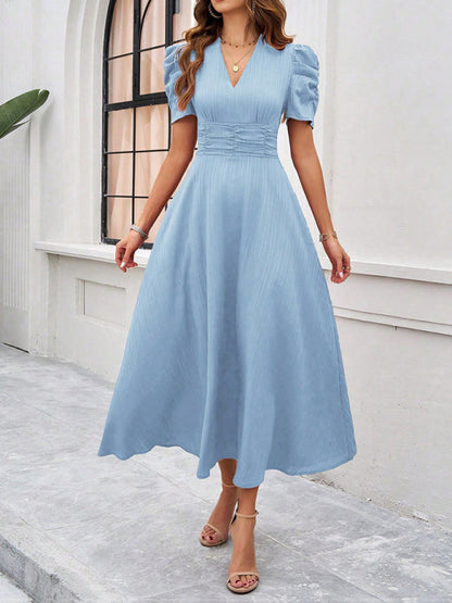 Cocktail Dresses- Women Elegant V-Neck Midi Dress with Puff Sleeves- - IndioGear.com