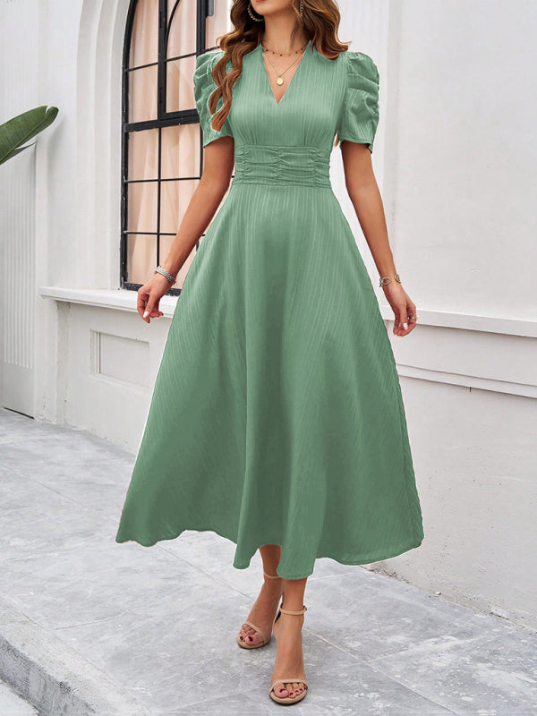 Cocktail Dresses- Women Elegant V-Neck Midi Dress with Puff Sleeves- - IndioGear.com