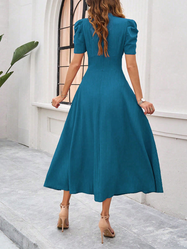 Cocktail Dresses- Women Elegant V-Neck Midi Dress with Puff Sleeves- - IndioGear.com