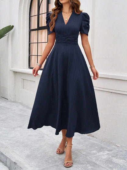 Cocktail Dresses- Women Elegant V-Neck Midi Dress with Puff Sleeves- - IndioGear.com