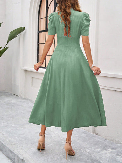 Cocktail Dresses- Women Elegant V-Neck Midi Dress with Puff Sleeves- - IndioGear.com