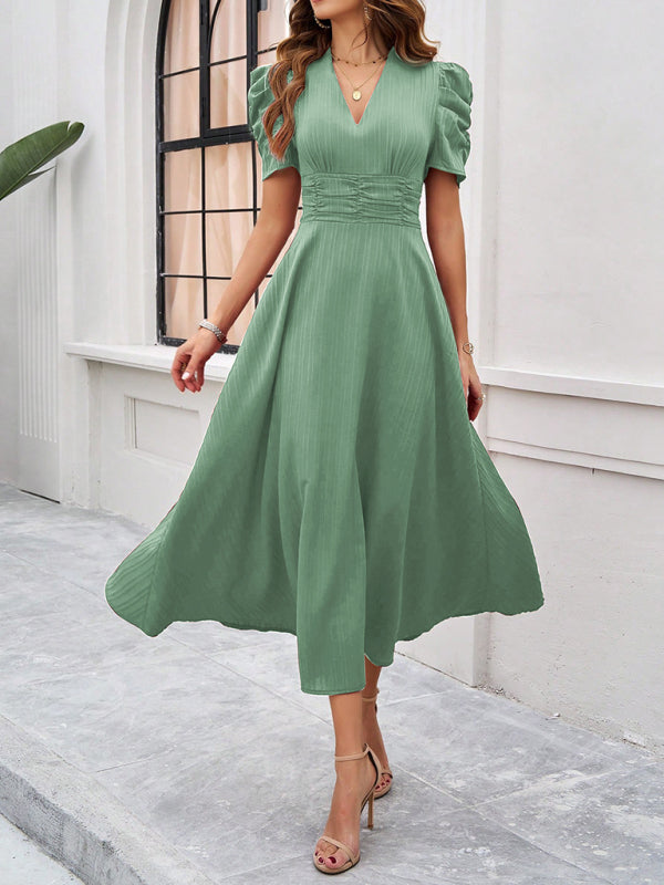 Cocktail Dresses- Women Elegant V-Neck Midi Dress with Puff Sleeves- Pale green- IndioGear.com