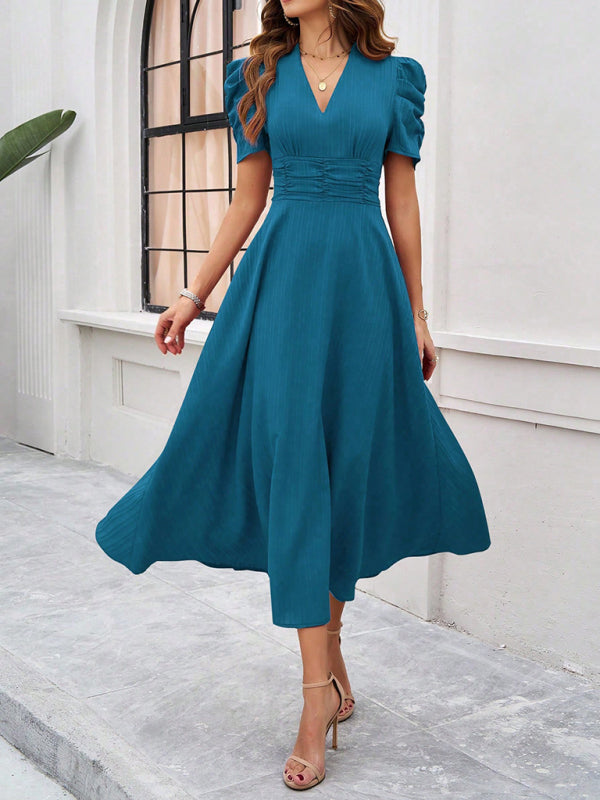 Cocktail Dresses- Women Elegant V-Neck Midi Dress with Puff Sleeves- Acid blue- IndioGear.com