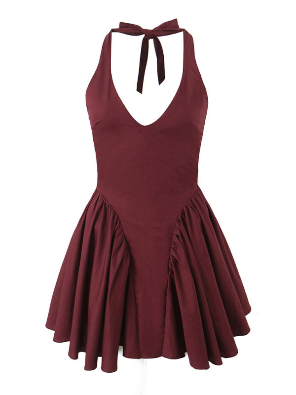 Cocktail Dresses- Women's Halter Mini Dress with Drop-Waist Fit & Flare Design- - IndioGear Fashion and Gear