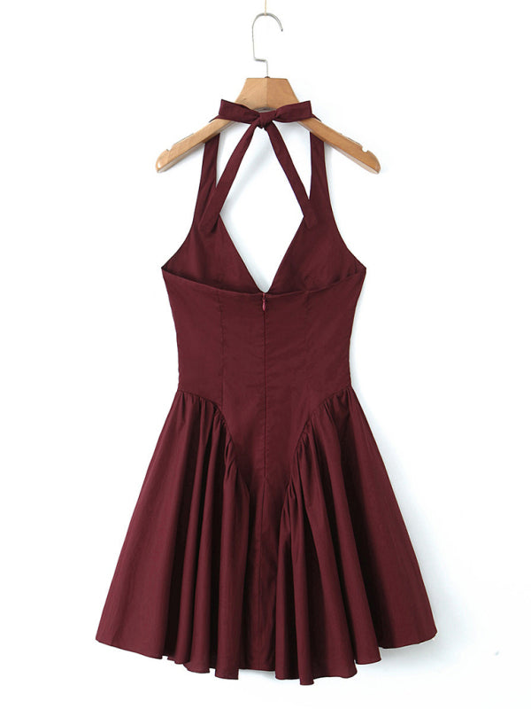 Cocktail Dresses- Women's Halter Mini Dress with Drop-Waist Fit & Flare Design- - IndioGear Fashion and Gear