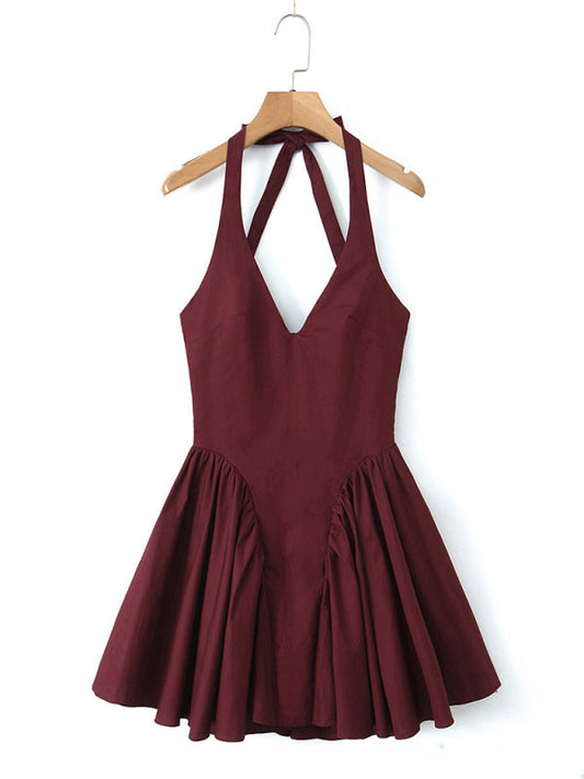 Cocktail Dresses- Women's Halter Mini Dress with Drop-Waist Fit & Flare Design- Wine Red- IndioGear Fashion and Gear