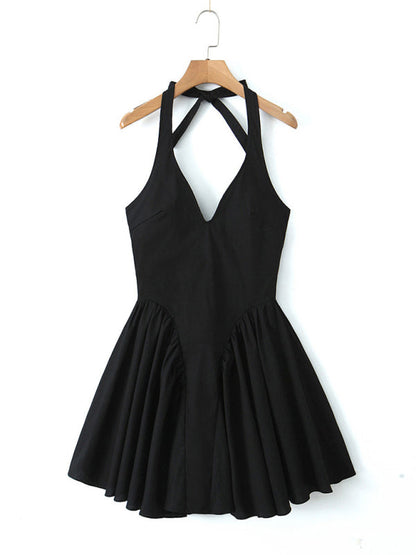 Cocktail Dresses- Women's Halter Mini Dress with Drop-Waist Fit & Flare Design- Black- IndioGear Fashion and Gear