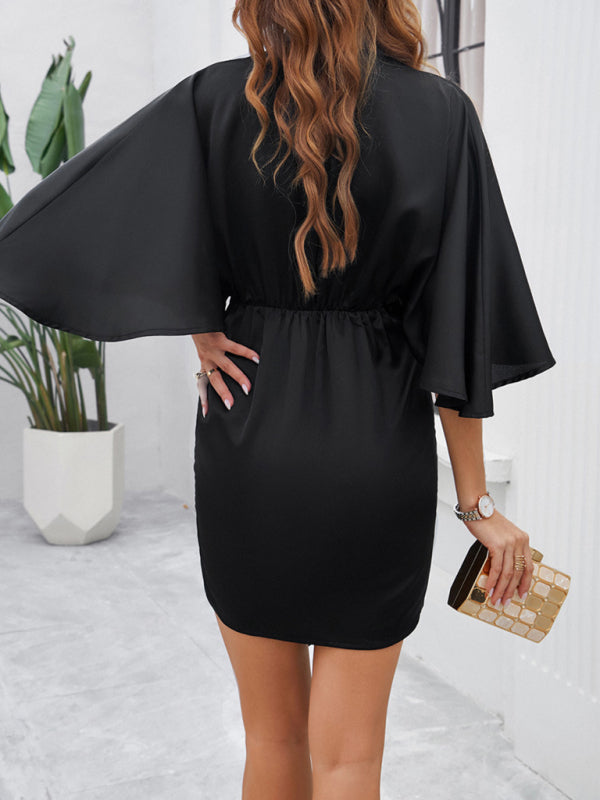 Cocktail Dresses- Women's Satin Batwing Sleeve Knot Dress for Cocktail Parties- - IndioGear Fashion and Gear