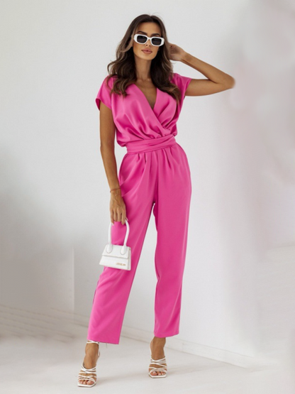 Cocktail Jumpsuits- Business Pencil Playsuit for Women - Surplice V-Neck Belted Jumpsuit- Rose- IndioGear Fashion and Gear