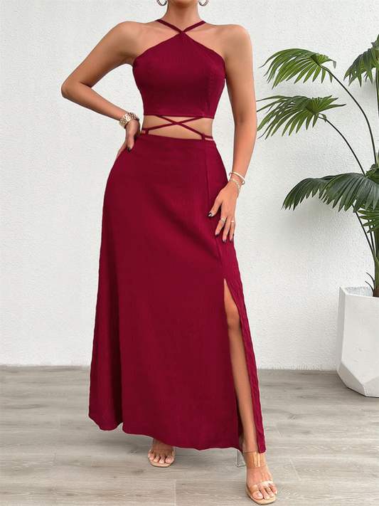 Cocktail Outfit- Elegant Women’s Halter Crop Top & Slit Maxi Skirt Cocktail Outfit- Wine Red- IndioGear.com