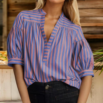 Blouses- Two Tone Striped Print Lantern Sleeve V-neck Blouse- Purple- IndioGear.com