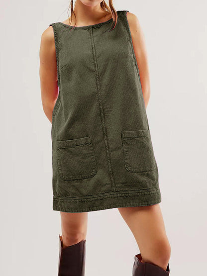 Corduroy Dresses- Corduroy Sleeveless Backless Cord Dress- Olive green- IndioGear Women Clothing