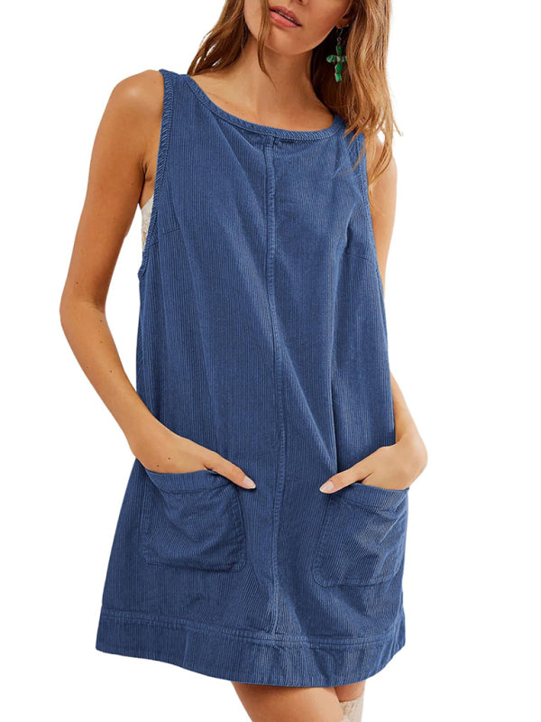 Corduroy Dresses- Corduroy Sleeveless Backless Cord Dress- - IndioGear Women Clothing