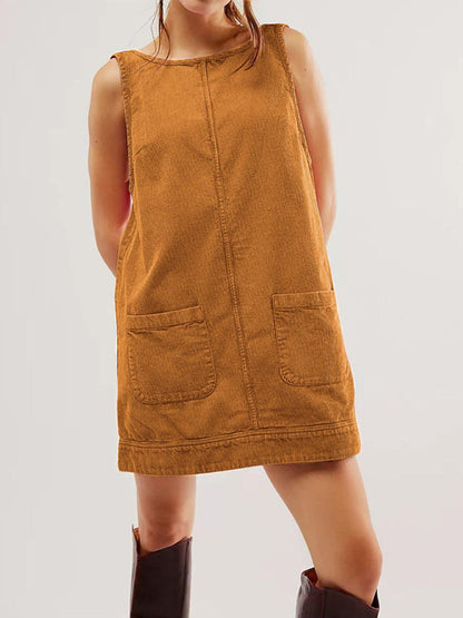 Corduroy Dresses- Corduroy Sleeveless Backless Cord Dress- Orange- IndioGear Women Clothing