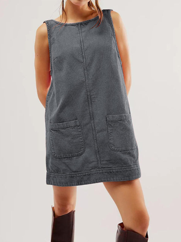 Corduroy Dresses- Corduroy Sleeveless Backless Cord Dress- Grey- IndioGear Women Clothing