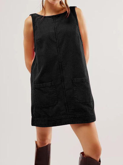 Corduroy Dresses- Corduroy Sleeveless Backless Cord Dress- Black- IndioGear Women Clothing