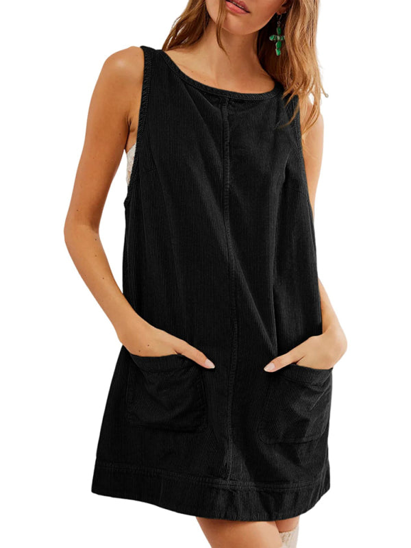 Corduroy Dresses- Corduroy Sleeveless Backless Cord Dress- - IndioGear Women Clothing