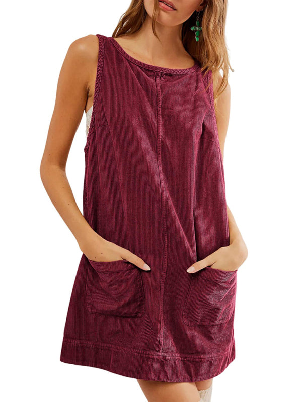 Corduroy Dresses- Corduroy Sleeveless Backless Cord Dress- - IndioGear Women Clothing