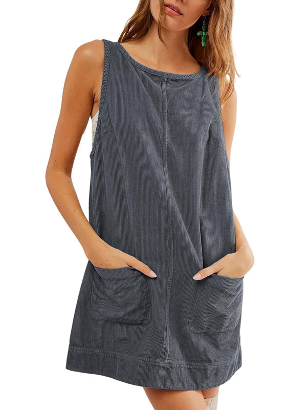 Corduroy Dresses- Corduroy Sleeveless Backless Cord Dress- - IndioGear Women Clothing