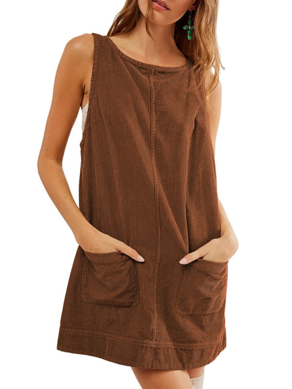 Corduroy Dresses- Corduroy Sleeveless Backless Cord Dress- - IndioGear Women Clothing