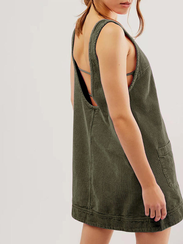 Corduroy Dresses- Corduroy Sleeveless Backless Cord Dress- - IndioGear Women Clothing