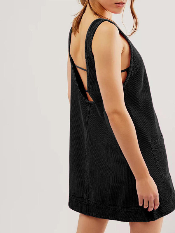 Corduroy Dresses- Corduroy Sleeveless Backless Cord Dress- - IndioGear Women Clothing