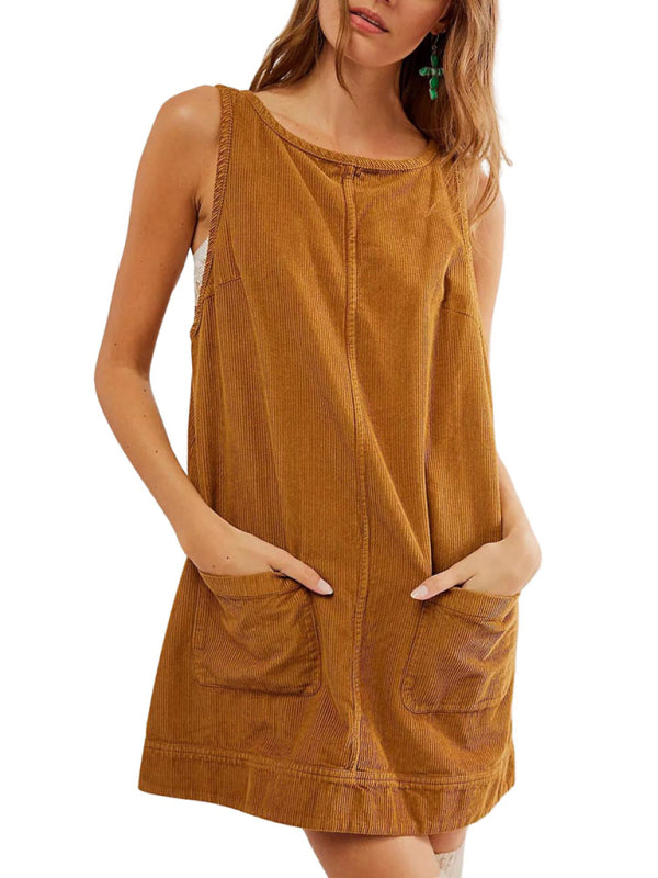 Corduroy Dresses- Corduroy Sleeveless Backless Cord Dress- - IndioGear Women Clothing