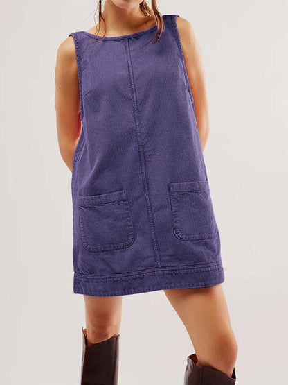 Corduroy Dresses- Corduroy Sleeveless Backless Cord Dress- Purple- IndioGear Women Clothing