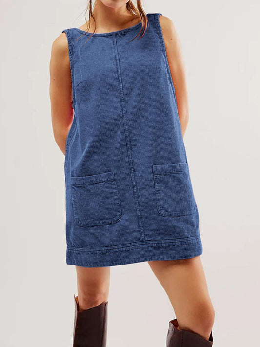 Corduroy Dresses- Corduroy Sleeveless Backless Cord Dress- Blue- IndioGear Women Clothing