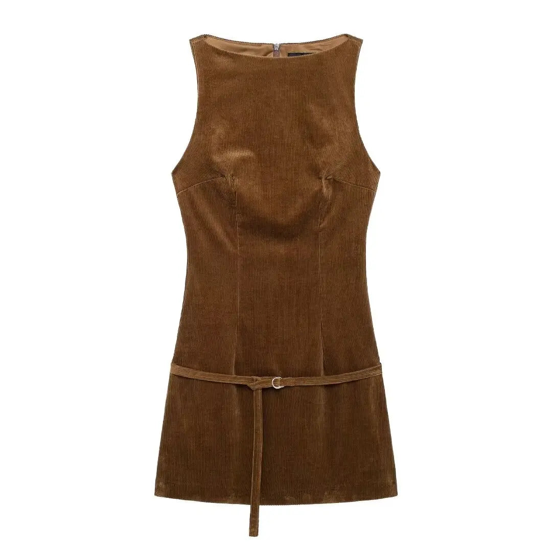 Corduroy Dresses- Fall Corduroy Shift Mini Dress for Social Gatherings- Khaki- IndioGear Women Clothing