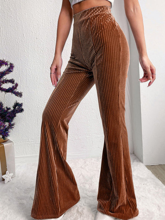 Corduroy Pants- High-Waisted Corduroy Flare Pants Retro Inspired Trousers- Brown- IndioGear Women Clothing