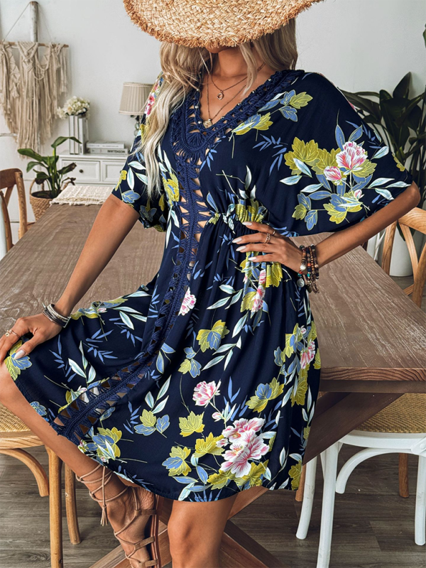 Cover-Up Dresses- Floral Kimono Sleeve Beach Cover-Up Dress- - IndioGear.com