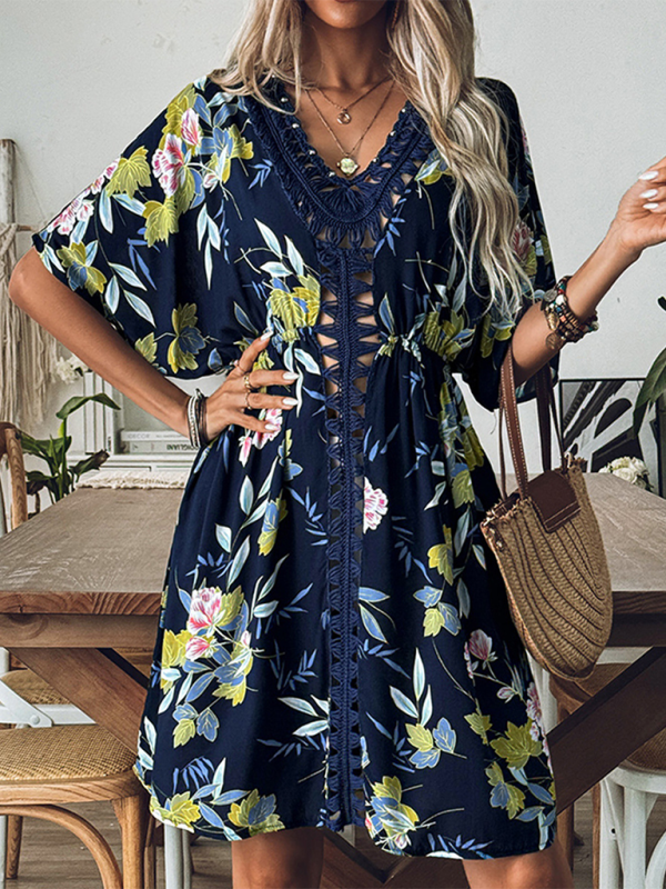 Cover-Up Dresses- Floral Kimono Sleeve Beach Cover-Up Dress- - IndioGear.com