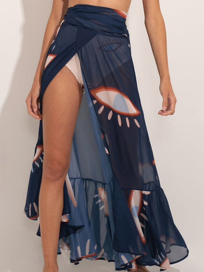 Cover-Ups- Blue Oasis Eye Print Maxi Skirt Cover-Up for Poolside Lounging- Purplish blue navy- IndioGear Fashion and Gear