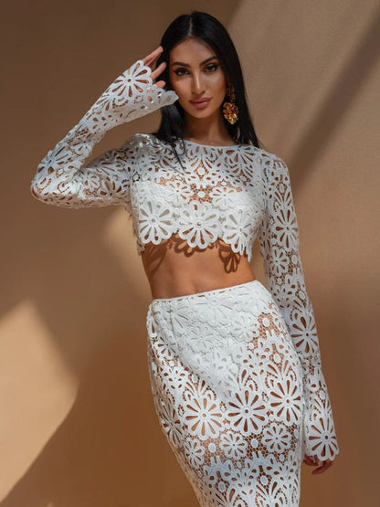 Cover Ups- Elegant Beach Party Lace Floral Crop Top & Skirt- - IndioGear Women Clothing