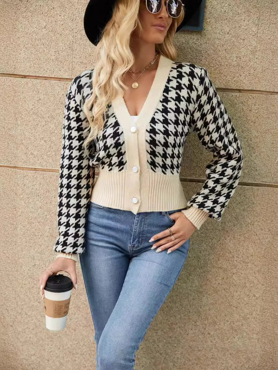 Crop Cardigans- Houndstooth Cropped Sweater Beige Patterned Cardigan- Black- IndioGear.com